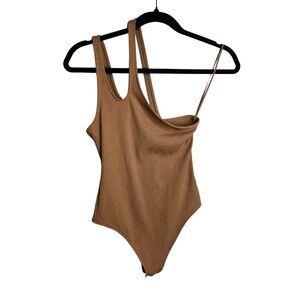 American Eagle Neutral One Shoulder Strappy Thong Bodysuit Ribbed Knit Size S